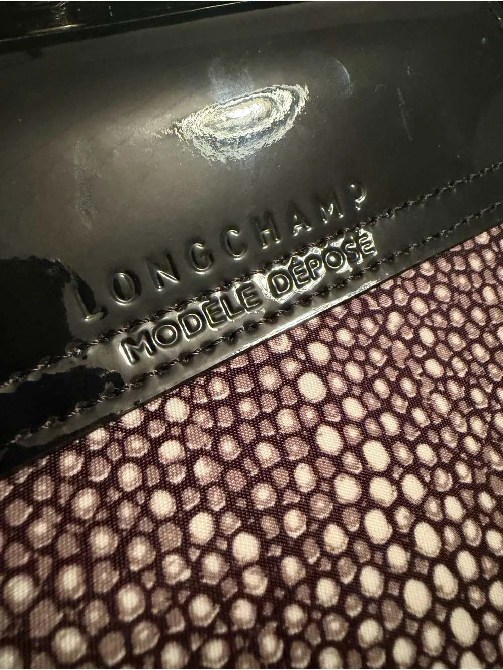 Longchamp Black & White Pebble Print Tote with Black Patent Leather Accents NWT